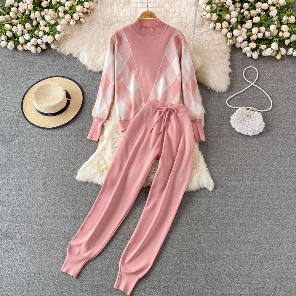 

Fashion Autumn Winter Knitted Matching Sets Pink Half High Collar Pullover Sweater Tops Harem Knitting Pants All-match