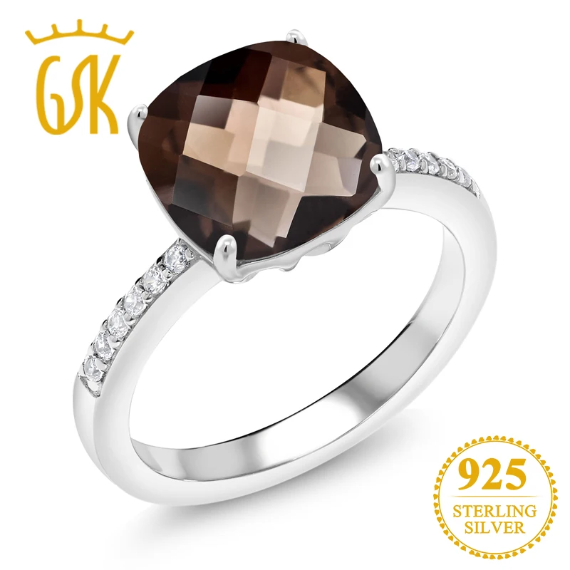 GemStoneKing 3 19 карат Подушка шахматная доска натуральный коричневый дымчатый кварц серебро 925 пробы коктейльные