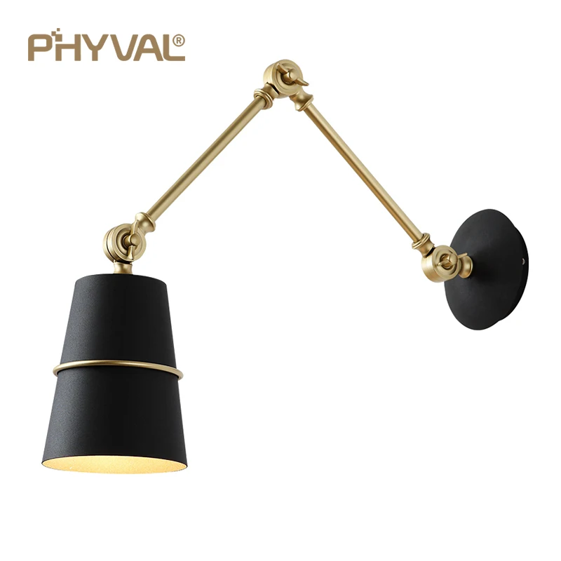 PHYVAL-Lámpara de pared nórdica moderna para sala de estar, candelabro de pared de brazo largo, luz plisada de cabeza E27, Color blanco/negro