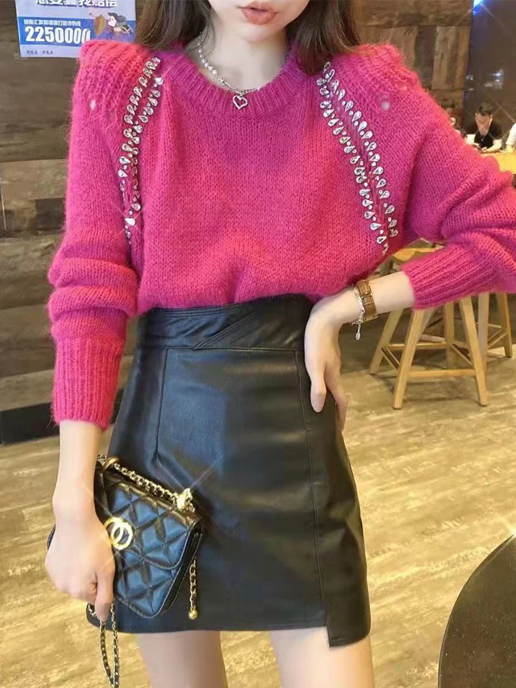 

Women 2022 Spring Autumn Two Piece Set New Fashion Female Long Sleeve Knit Pullover Sweater and High Waist Mini Skirt Sets P18