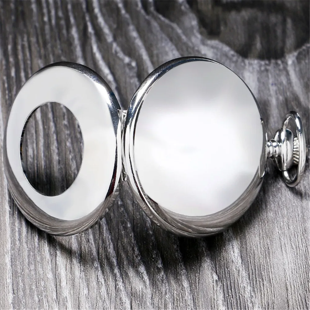 Roman Numerals Mechanical Pocket Watch Silver Smooth Cover Pendant Clock Male Antique Hand Winding Pocket Timepiece with Chain