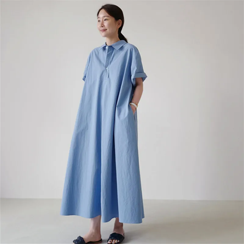 

LANMREM Loose Large Size Shirt Dress Blue Color Short Sleeve Turn Down Collar Women Summer Fashion Tide Dresses 2D1709