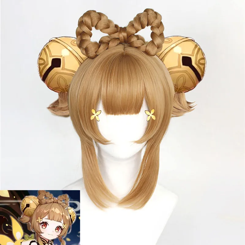 

Genshin Impact Yaoyao Cosplay Wig Light Brown Braids Bow Heat Resistant Synthetic Hair+Wig Cap