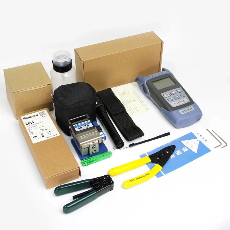 FTTH Fiber Optic Tool Kit 12pcs/set FC-6S Cleaver -70~+3dBm Power Meter 5km Laser pointe