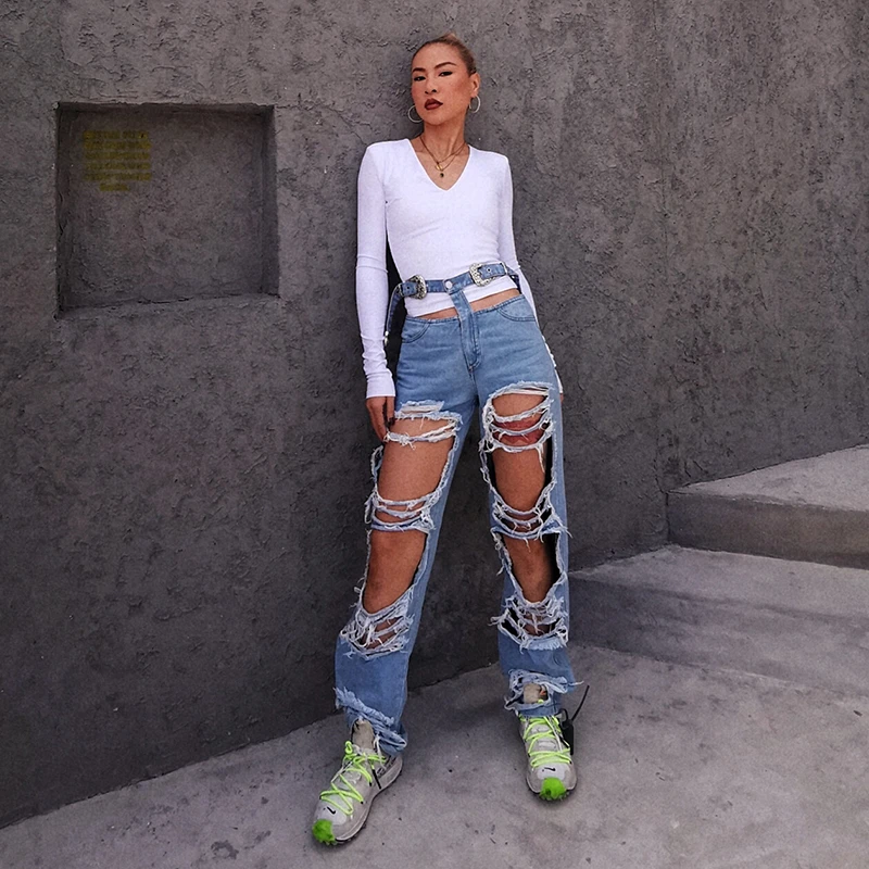 Женские джинсовые брюки TWOTWINSTYLE Асимметричные Длинные прямые с высокой талией 2020