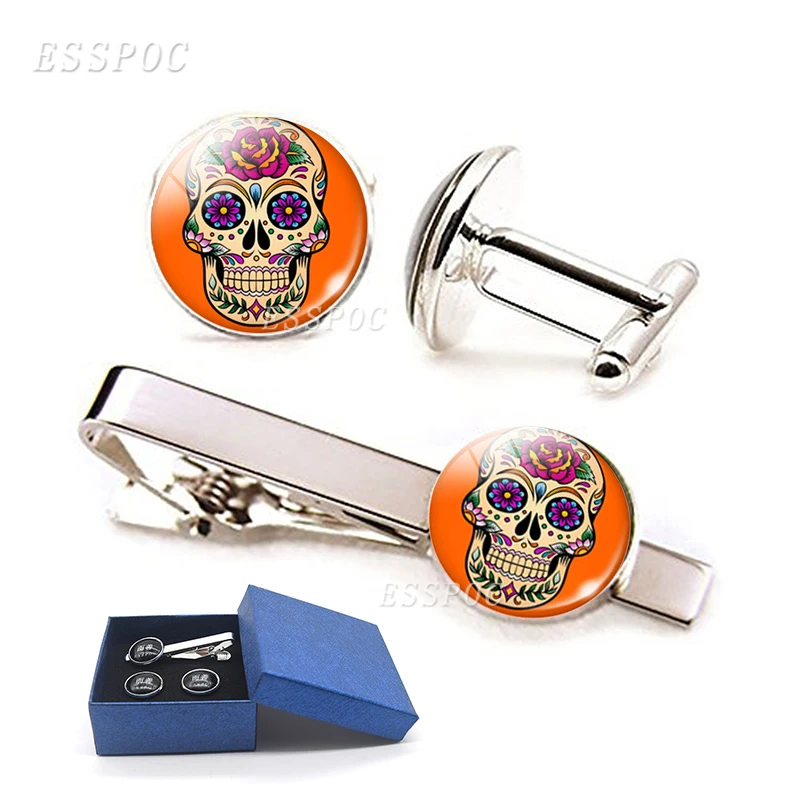 

Mexico Folk Art Sugar Skulls Jewelry Skulls Pattern Glass Cabochon Cufflinks and Tie Clips Set Men Shirt Accessories