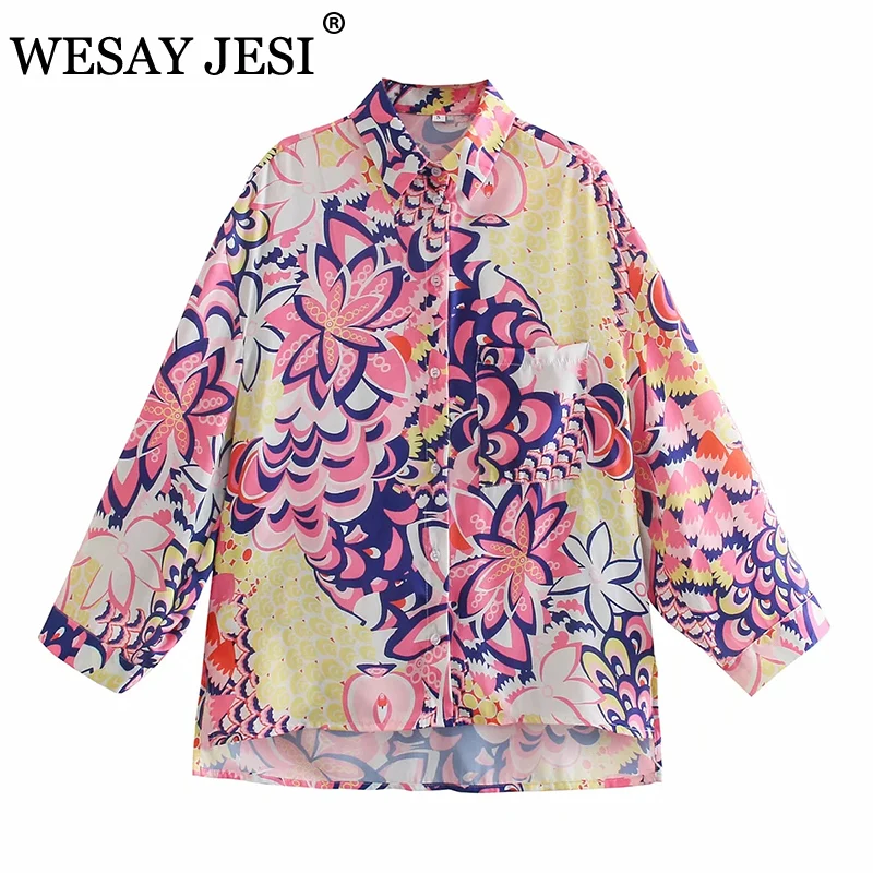 

WESAY JESI Women Vintage Print Shirt TRAF ZA Long Sleeve Irregular Female Patch Pocket Up Casual Top Blouse And Chic Trousers