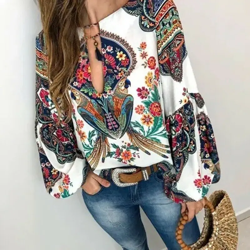 

2019 Hot Sale Ladies Spring Blouse Femme Casual Floral Loose V-Neck Tops Autumn Womens Boho Long Puff Sleeve Blouse Tops