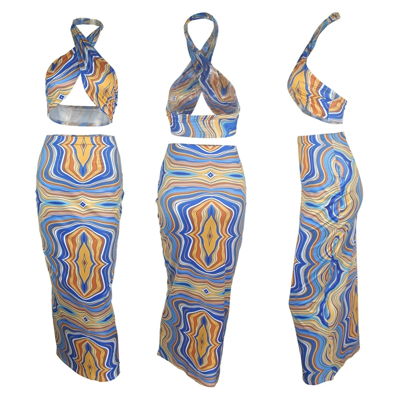 

STYLISH LADY Contrast Color 2 Piece Set Women Halter Backless Crop Top and Long Pencil Skirt Set 2021 Plus Size Beach Outfits