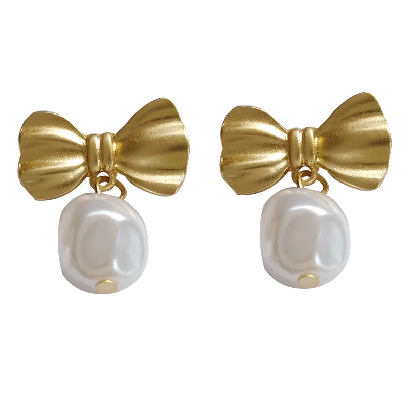 

S925 needel Sweet Jewelry Earrings Golden Plating Metal Bowknow With Simulated Pearl Dangle Drop Earrings Female Jewerly Gift