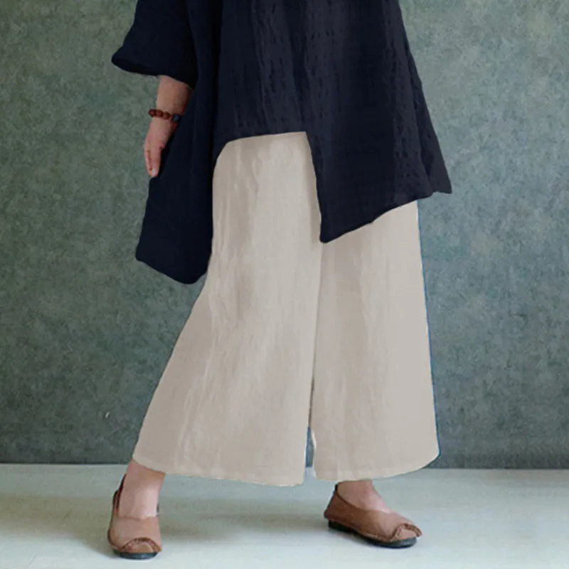 Spring And Summer Cotton Linen Women's New Loose All-Match Retro Women's Wide-Leg Trousers Elastic Waist Casual Loose Long Pants