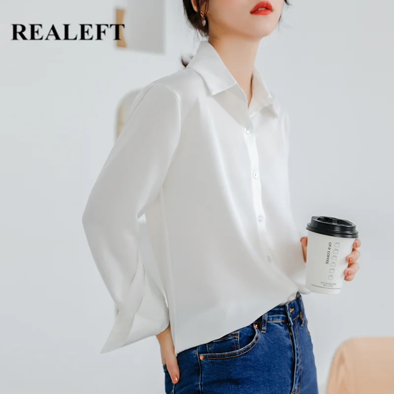 

REALEFT Autumn 2020 New Stain Women's Shirt Female Blouse Tops Long Sleeve Turn-down Collar Korean OL Style Button Women Blouses