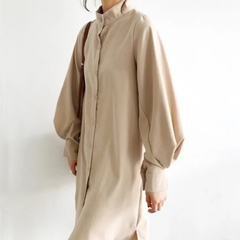 

Solid Long-Sleeve Blouse Spring Elegant Fashion Stand-Collar Lantern-Sleeve Camisas Mujer Full-Length Chiffon Women Shirts