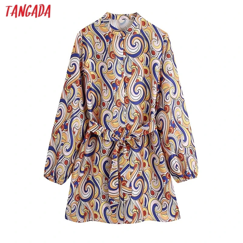 

Tangada 2021 Fashion Women Print Shirt Dress with Slash Vintage Long Sleeve Office Ladies Mini Dress CE226