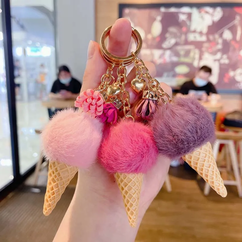 Creative plush ice cream key chain personalized tassel keychains cute pompom bag pendant car ring lovely girlfriends gift |