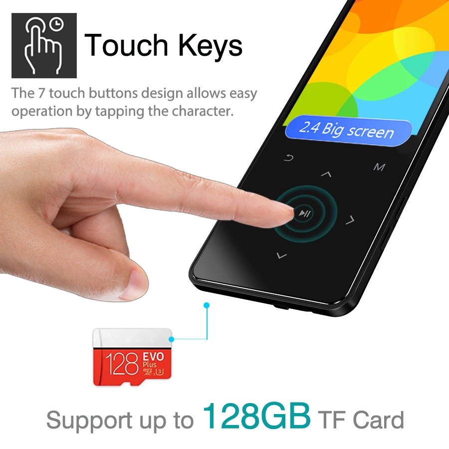 Mp3-плеер с Bluetooth FM-радио динамиком наушниками сенсорными кнопками экраном 2 4 дюйма