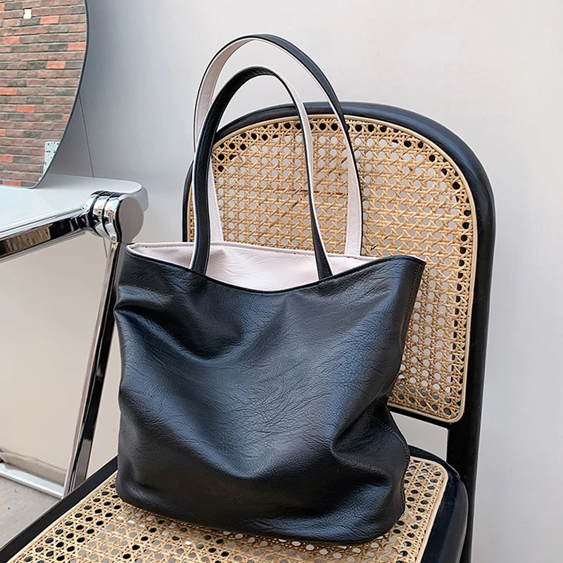 

Axukes Large Capacity PU Leather Women's Shopping Bag Shoulder Bag 2021 Summer Simple Fashion Handbag Travel Handbag