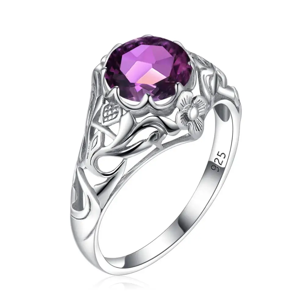 

Real 925 Silver Ring With Round Gemstone Amethyst Wedding Engagement Vintage Silver Women Fine Jewelry