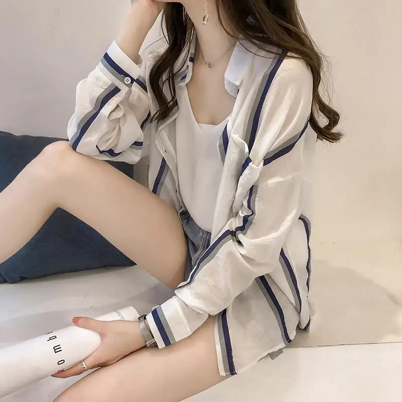 

Long Sleeve Striped Sunscreen Shirt Female 2022 Casual Chiffon Turn-Down Collar Blouses Women Clothing Blusas Mujer S-4XL Y117