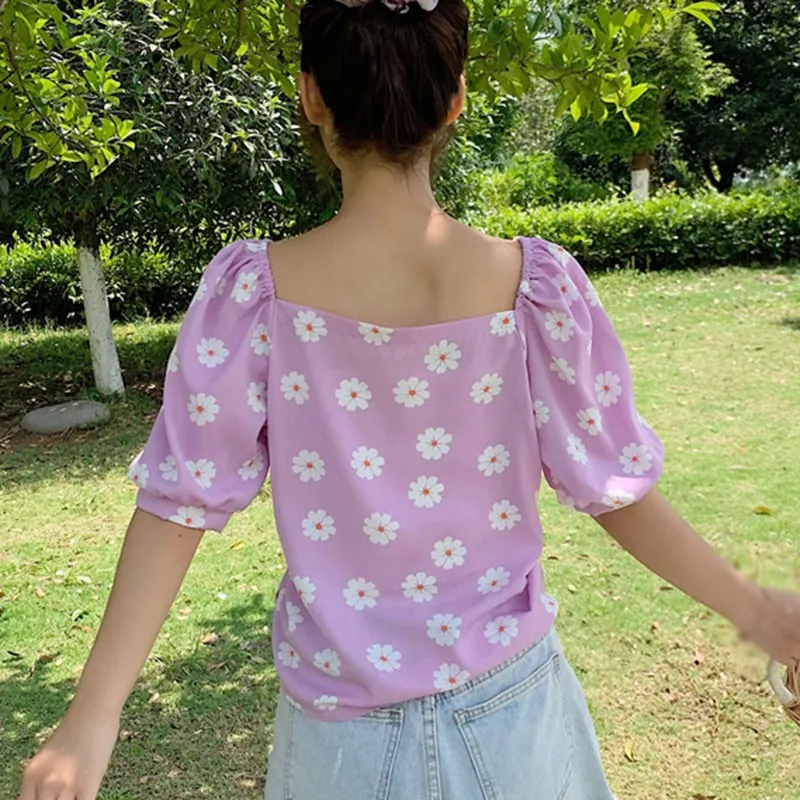 

2020 Summer Printed V-Neck shirt Women Fashion Pleated Puff Sleeve Tops and Blouse for 2020 New Summer