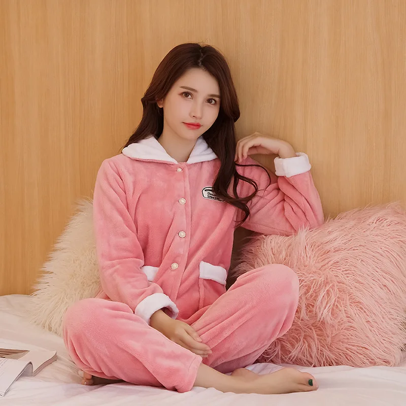 

Women Flannel Pajamas Suit Sleepwear Velour Autumn Winter Bathrobe Kimono Gown 2PCS Nightwear Home Wear