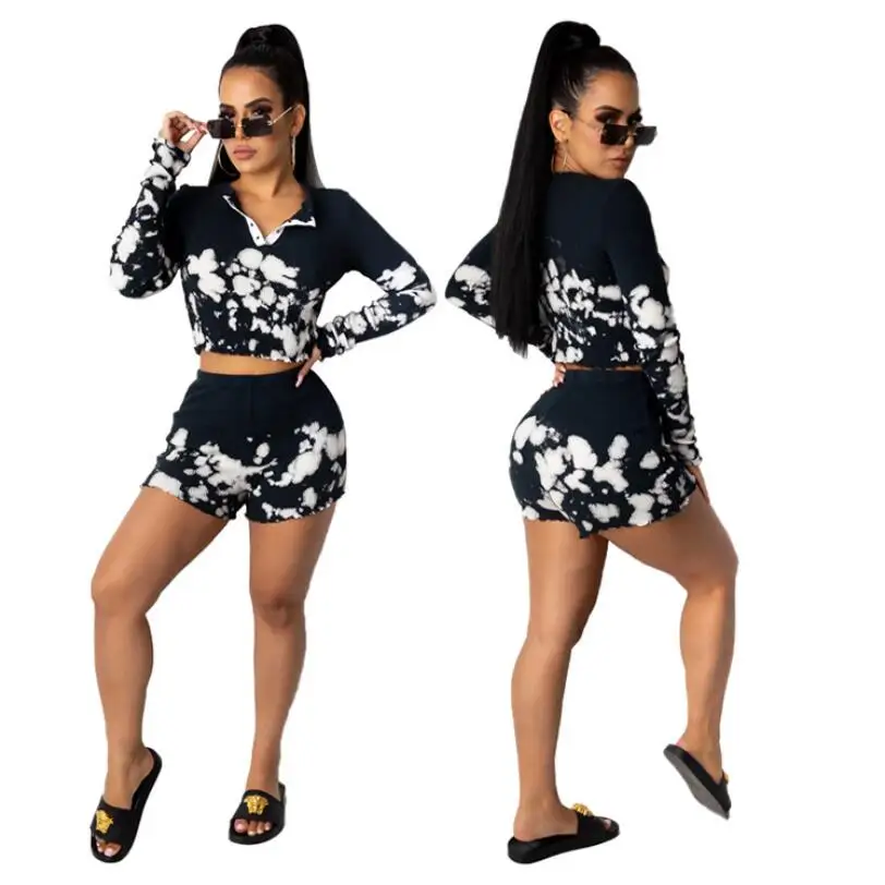 

JH5817 European women's clothing 2021 summer fashion printing long-sleeved top shorts temperament lady casual two-piece suit