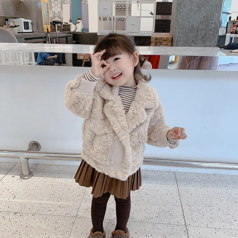 

Beige Coat Winter Spring Warm Girls Kids Long Sleeve Outwear Fur Plus Velvet Toddler Teens Tops Thicken Children High Quality