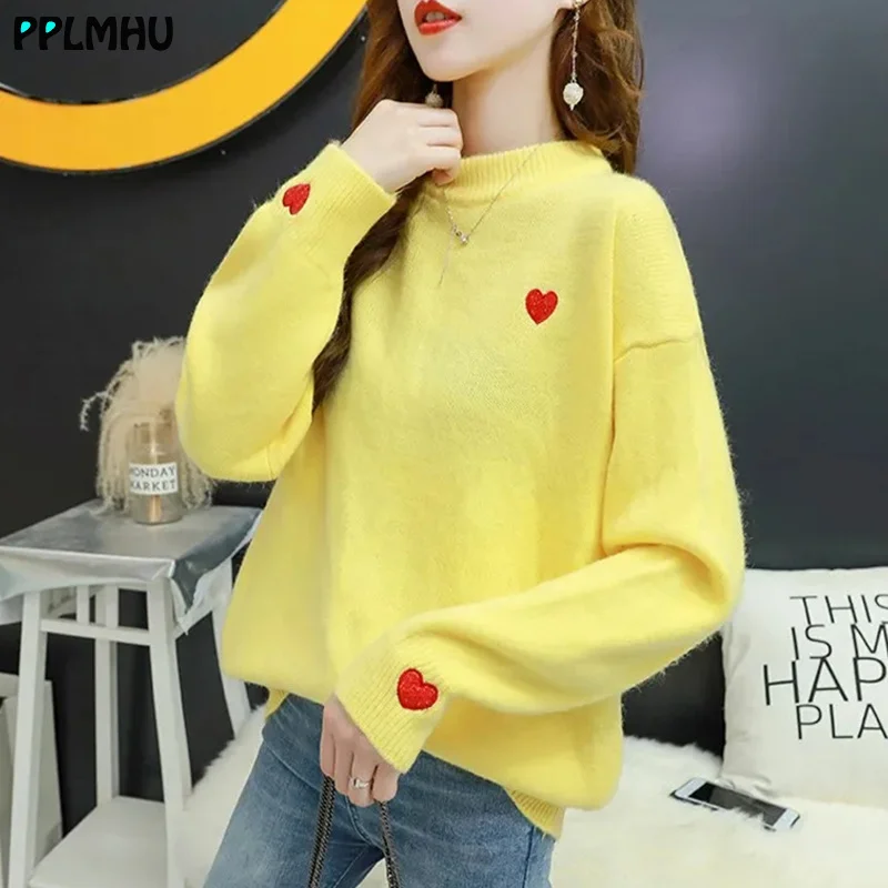 

Осенне-зимний свободный свитер с вышивкой Love и круглым вырезом, женские вязаные пуловеры карамельных цветов, повседневная трикотажная одеж...