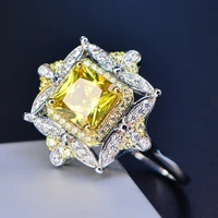vintage square yellow crystal rings for girl hollow carved charm jewelry wedding engagement ring party gift new arrival