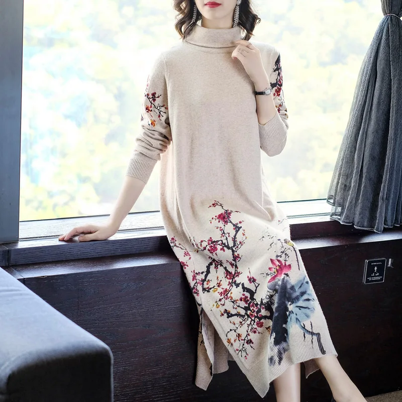Зима 2019 женское длинное платье свитер выше колена с цветочным принтом модное