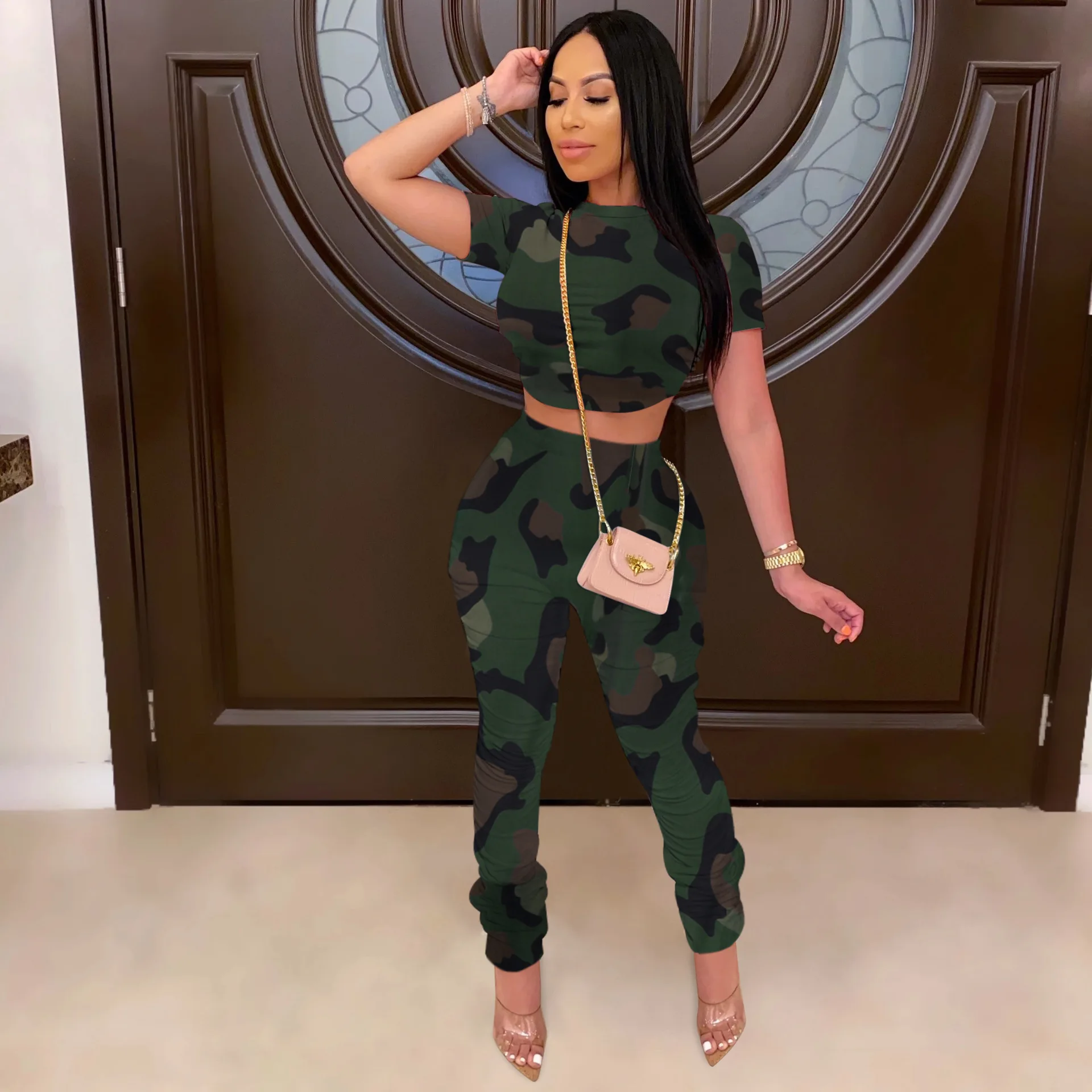 

Sexy 2 Piece Matching Set Summer Clothes for Women O Neck Short Sleeve Crop Top Stacked Pant Legging Elegant Fitness Wear Suits