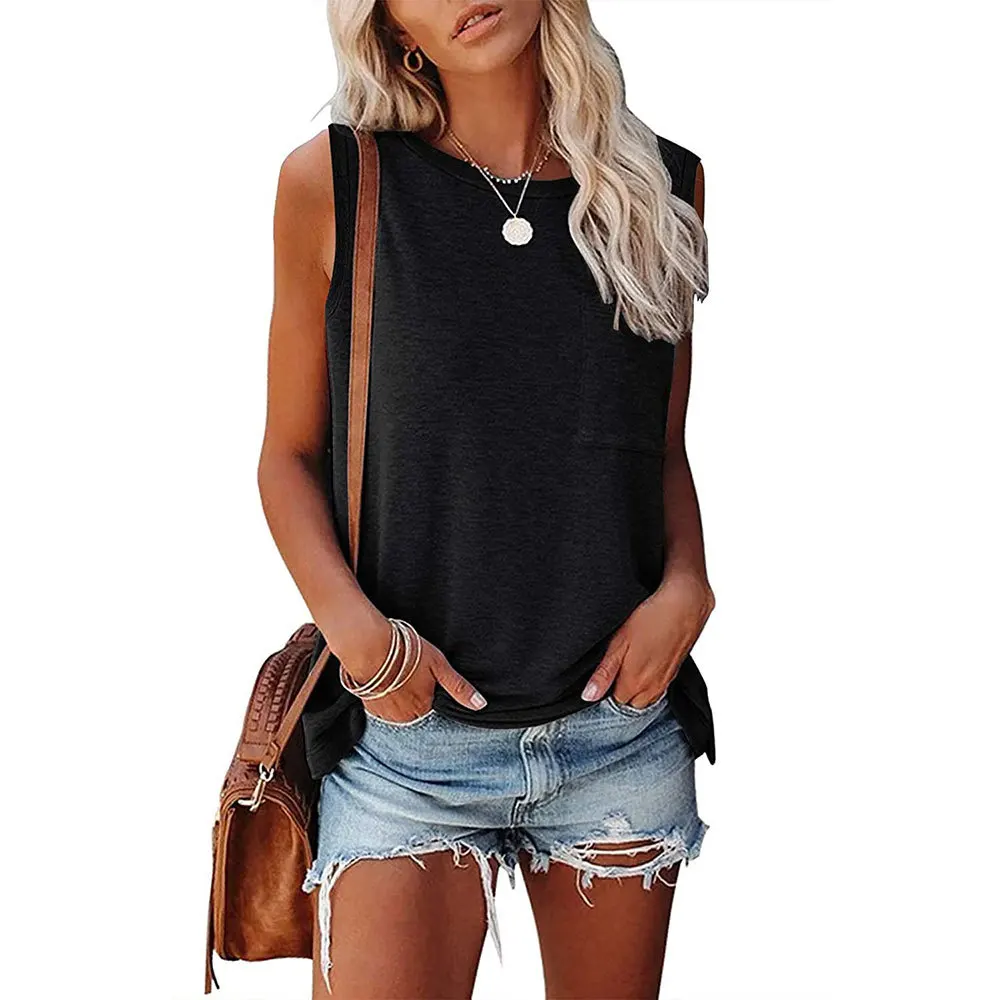 

2021 cross border women's Vest European and American solid color pocket side slit round neck sleeveless T-shirt