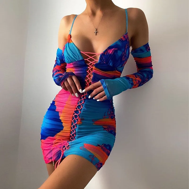 

V Neck Off Shoulder Ruched Bodycon Mini Dress Women Autumn 2021 Printed Long Sleeve Lace Up Party Club Short Dress Yuqung