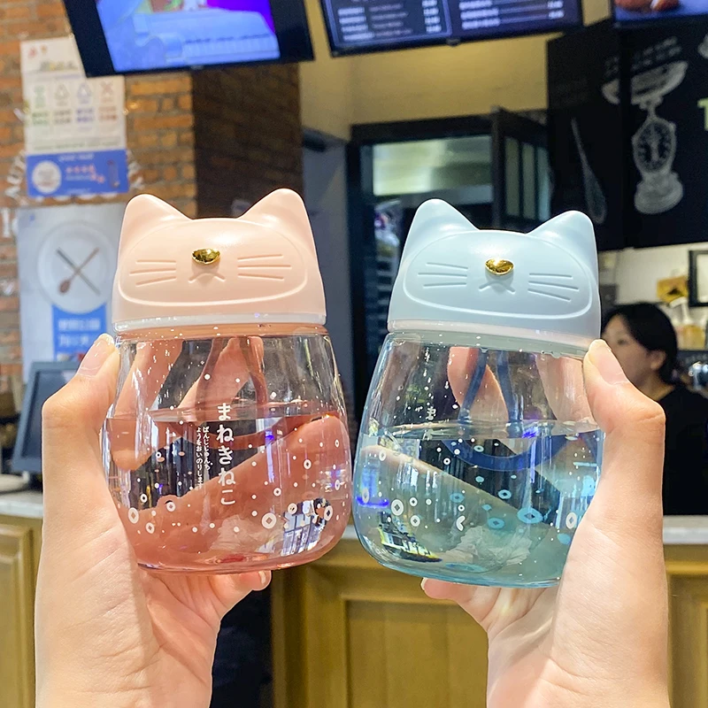 

300ml Kawaii Cat Mini Glass Water Bottle Clear Travel Portable Drinking Bottle Juice Milk Brief BPA Free Cup For Girl Children