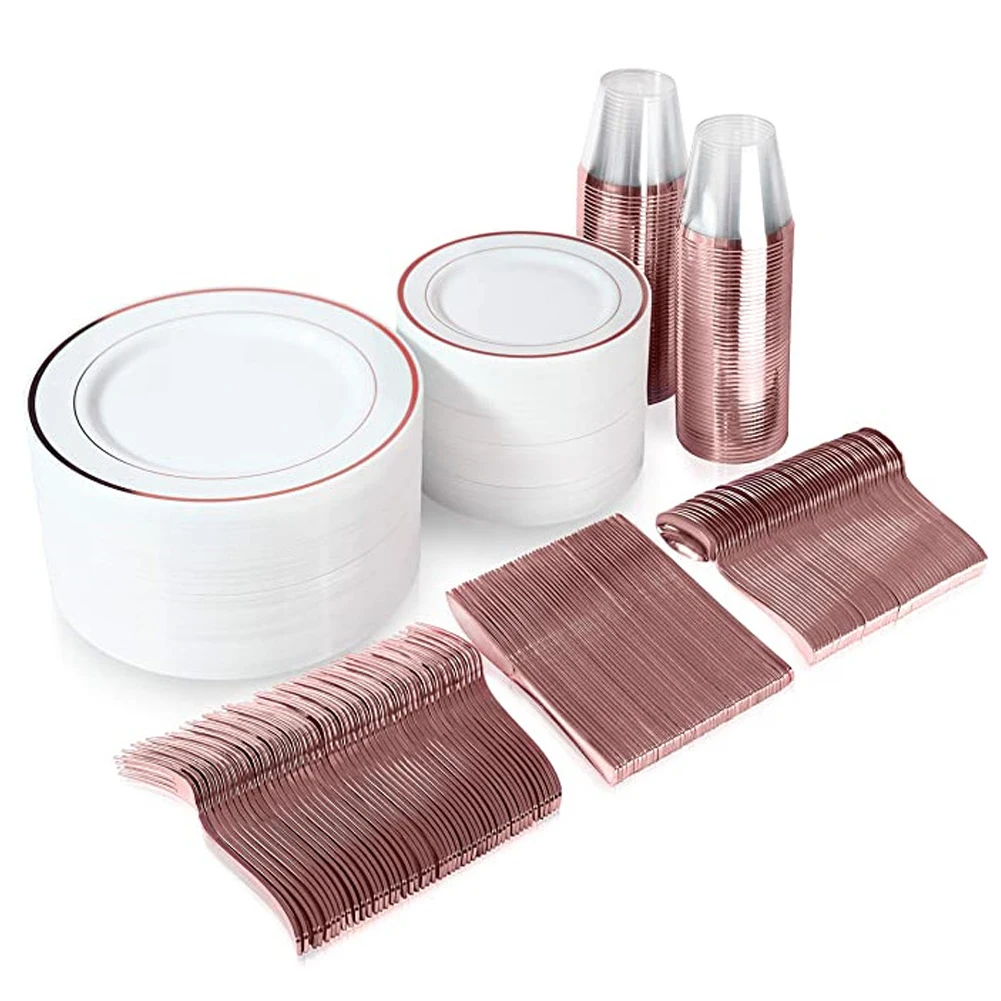 

70pcs Disposable Gold Tableware set Wedding Party Plastic Knives Forks Spoons Golden Dinner Plate Restaurant Dinnerware