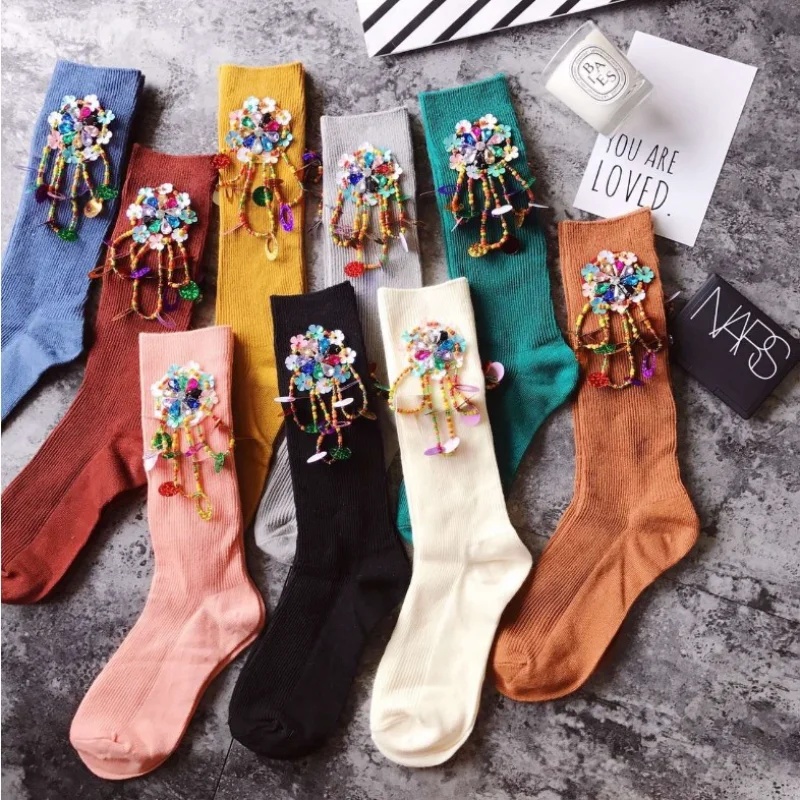 

Glitter Colorful Flower Floral Pattern Cotton Tube Crew Girls Women Sequin Socks