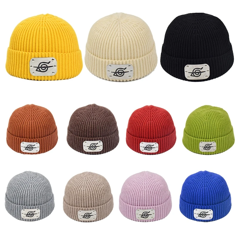 

Unisex Ribbed Knit Warm Beanie Hat Japanese Anime Metal Plate Cuffed Skull Cap 649C