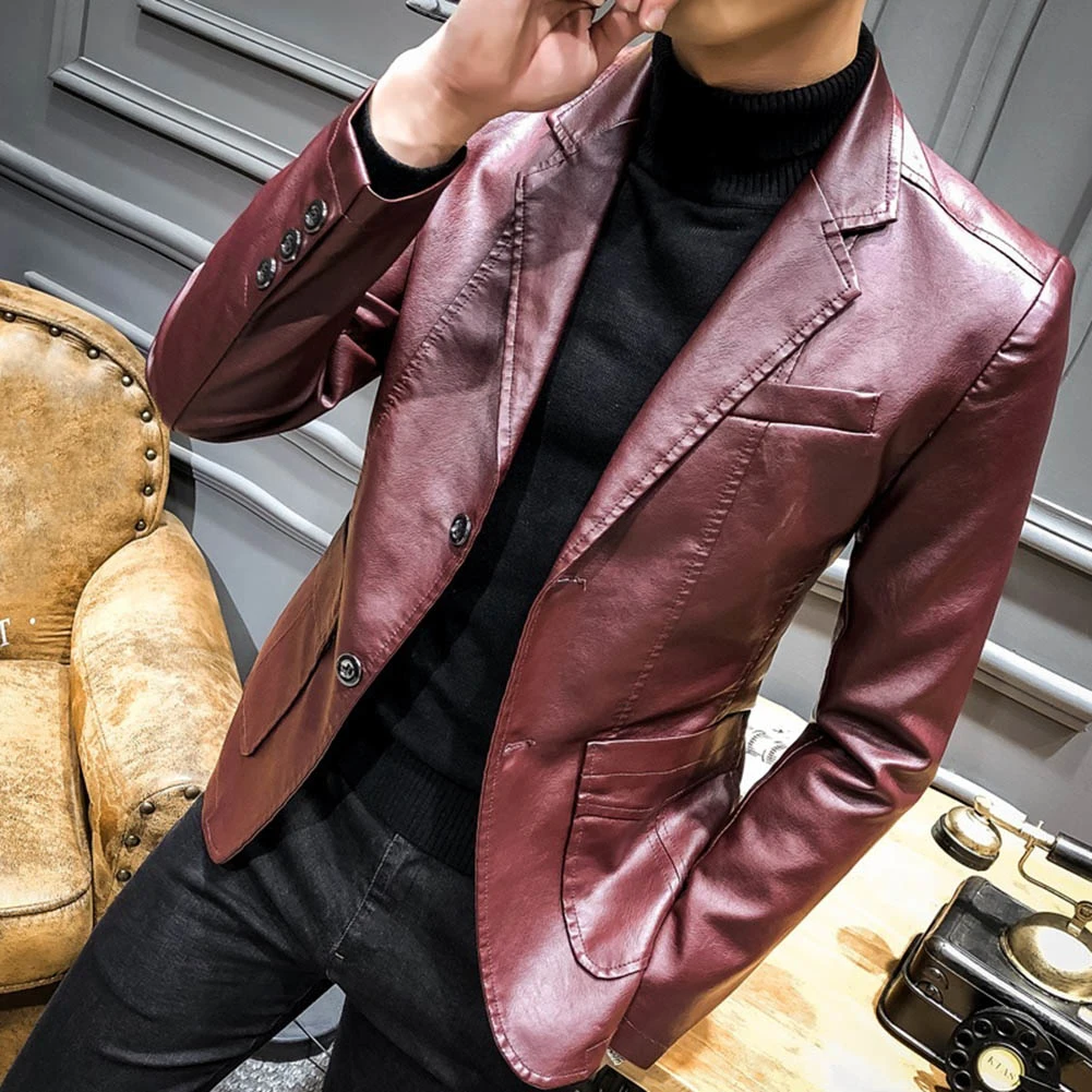 Осенне зимний мужской однотонный костюм из искусственной кожи куртка с длинным