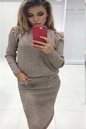 Хаки Bleading свитер женский костюм модный Вязанный свитер с открытыми плечами и юбка Женский комплект из двух частей женский костюм для офиса - Цвет: Хаки