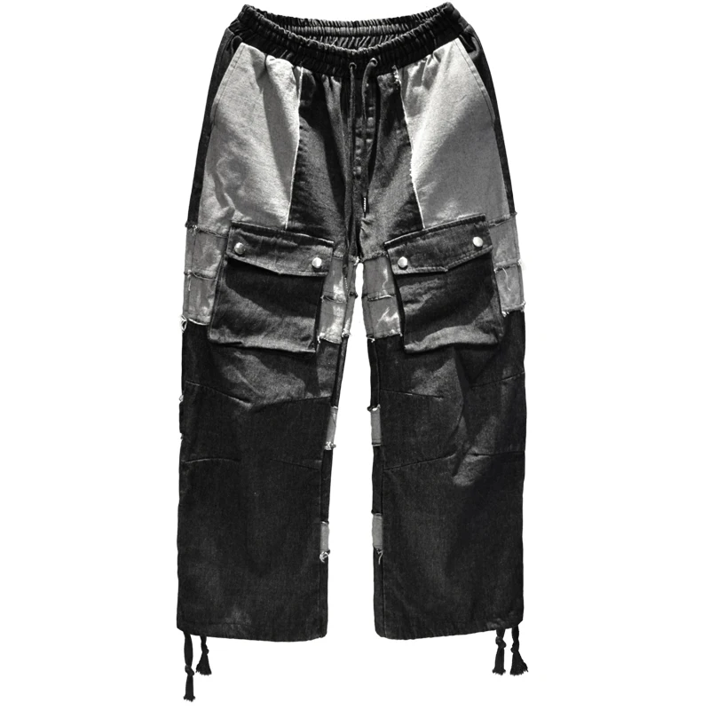 

Mens Splice Tassel Jeans Patchwork Casual Straight Trousers Male Fashion Streetwear Loose Hip Hop Denim Cargo Pants