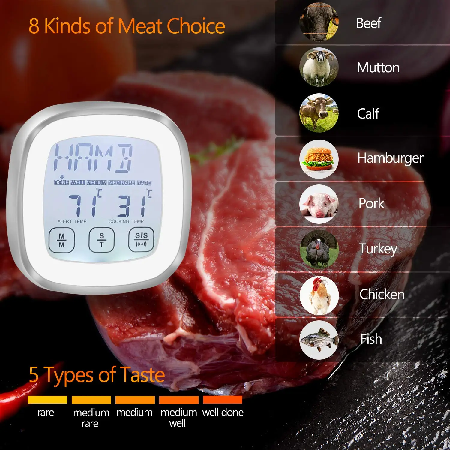 

Digital Meat Thermometer for Food in Oven Grill Kitchen, with 1 Stainless Steel Probe and Timer