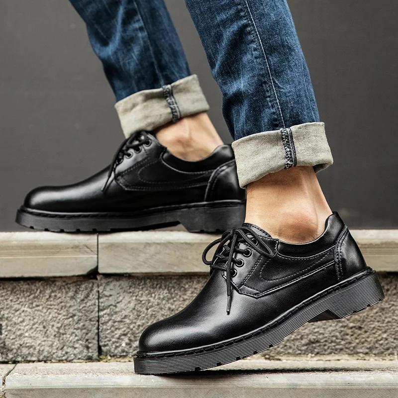 

Leather Men's Shoes Summer New British Style Retro Lace-up Flat Shoes Broccoli Plus Velvet Single Shoes for Teenagers