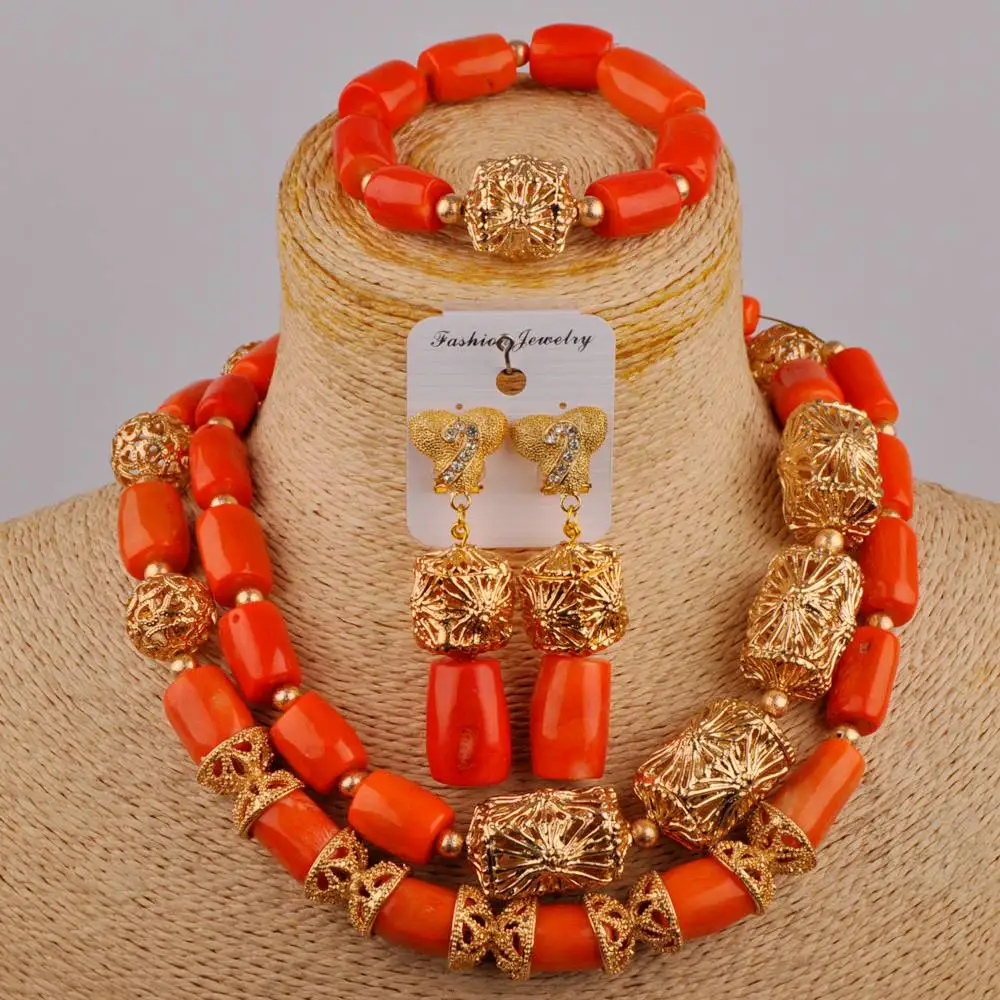 

Nigeria Wedding Orange Natural Coral Bead Necklace African Bride Wedding Female Banquet Dress Accessories Jewelry Set AU-444