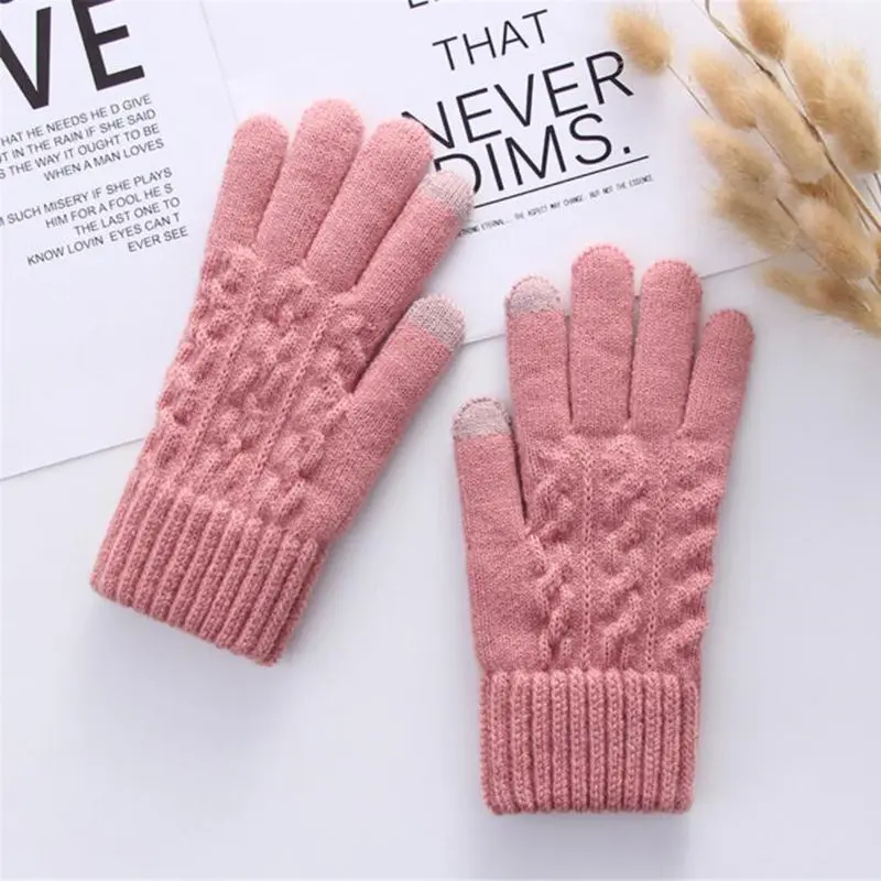 

Gloves Female Winter Students Knitting Warmth and Thickening Plus Velvet Cycling Five-finger Double Twist Gloves