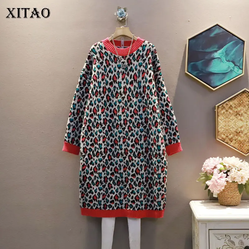 

XITAO Print Pattern Dress Fashion New Women Elegant Leopard Pullover Knitted Long 2021 Autumn Loose Dress Patckwork Top GWJ0650