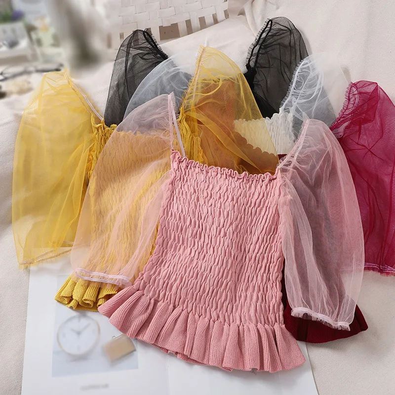 

Sweet Mesh Half Sleeve Blouse Korean Fashion Solid Shirt Top Women Summer Blouses Tops