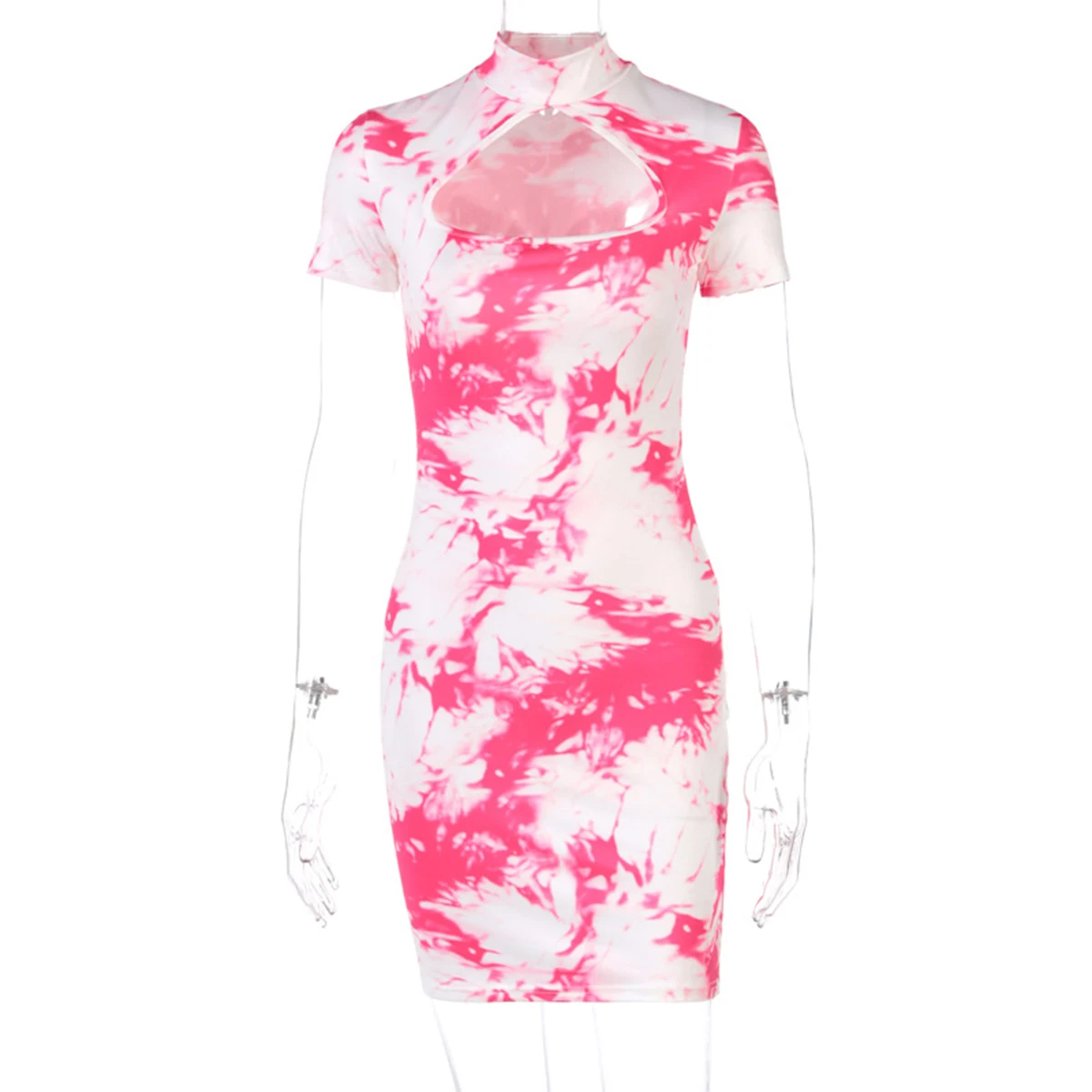

2020 Fashion Summer Womens Tie-dyed Dress Sexy Hollow Out Short Sleeve Turtle Neck Bodycon Mini Dress Vestidos