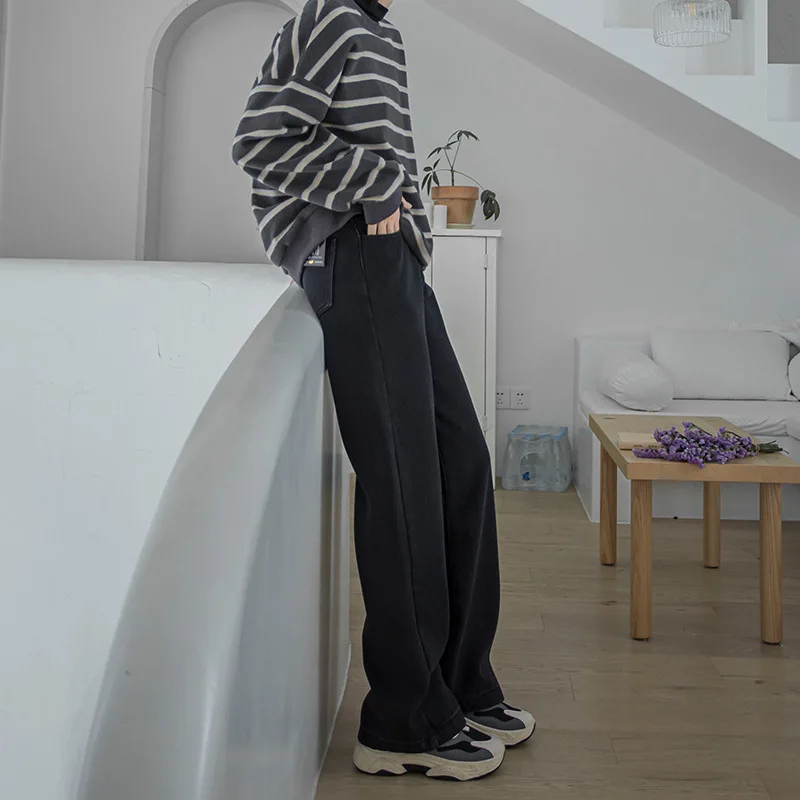 

Winter Straight Dad Jeans Women High Waist Loose Dropping Pants Female Plus Size Wide Leg Denim Pants with Adjustable Waist
