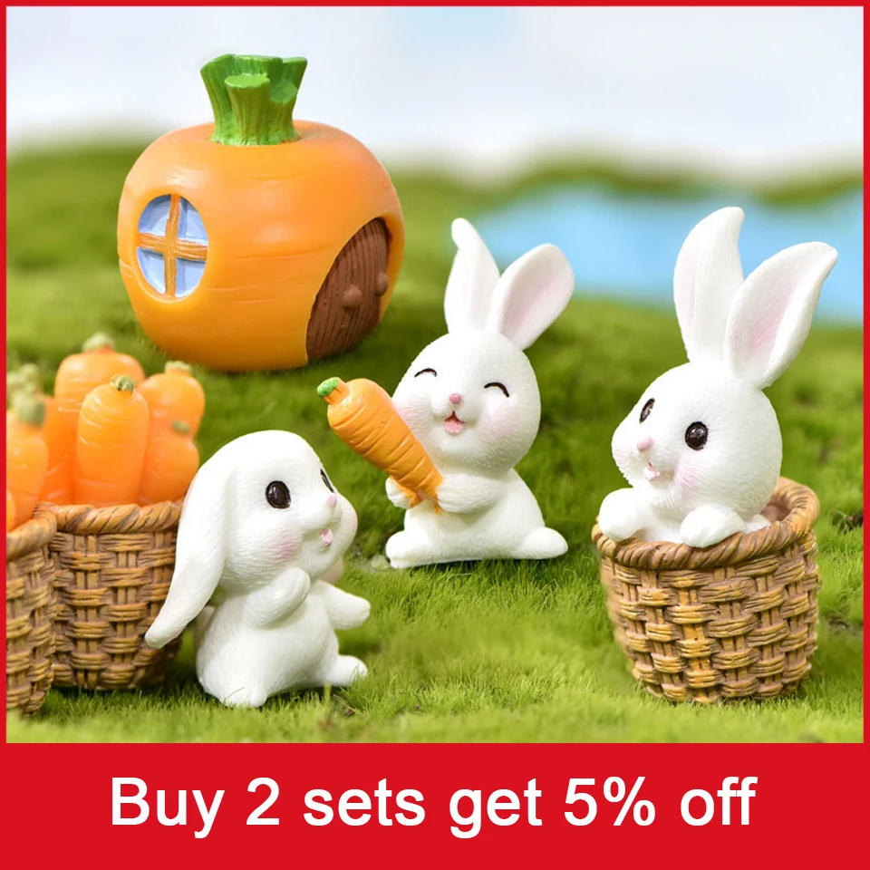 

1Set Mini Rabbit Carrot Resin Model Cartoon Animal Figurine Dollhouse Miniature Easter Mold Desktop Craft Home Garden Decor