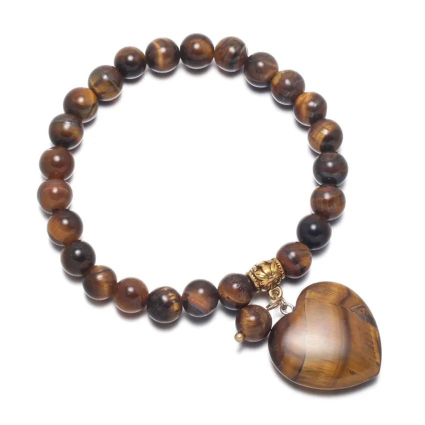 

FYJS Unique Light Yellow Gold Color Love Heart Natural Tiger Eye Stone Beads Elastic Bracelet for Valentine's Day Jewelry